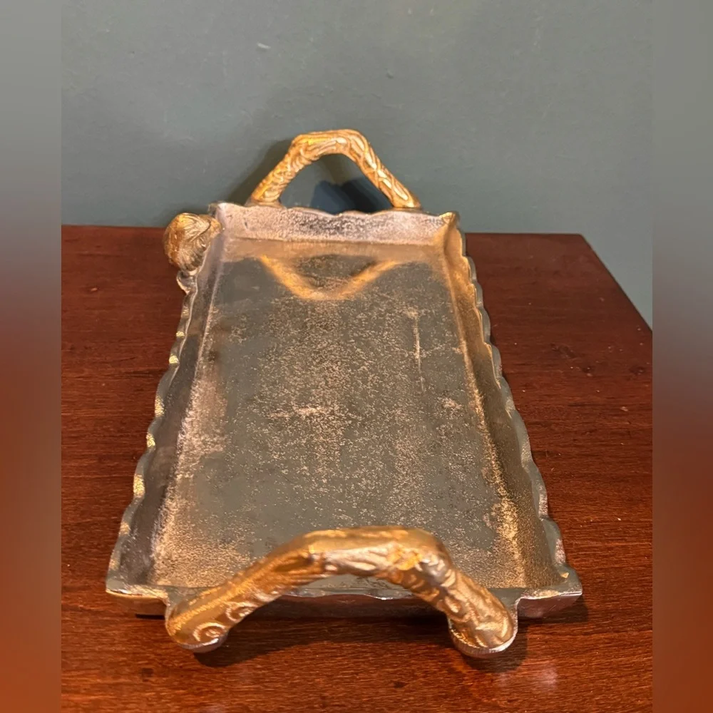 Elegant Silver and Gold Metal Rectangular Tray with Bird and Branch Handles